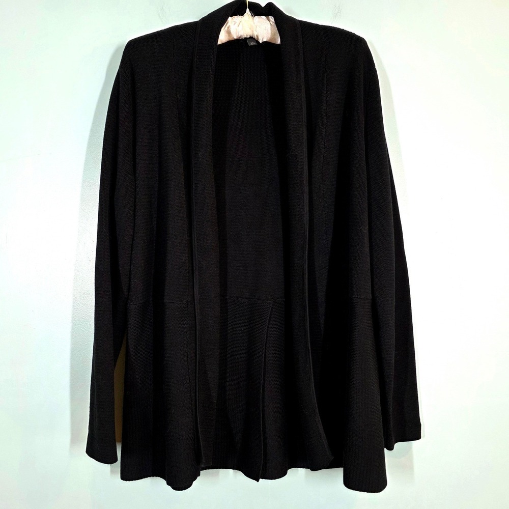 Talbots Petites Black Open Front Cardigan Sweater MP Textured Knit Back Pleat